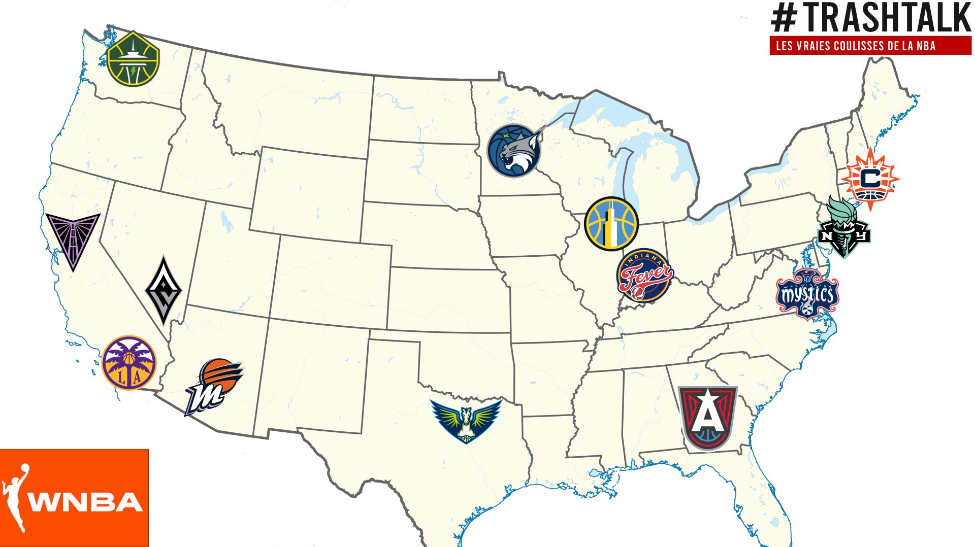 Carte des franchises WNBA en 2025 avec logos des 13 équipes réparties sur la carte des États-Unis