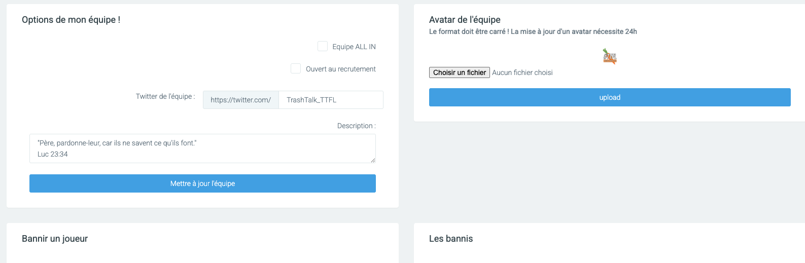 Tuto TrashTalk Fantasy League - jouer en équipe - paramètres équipe