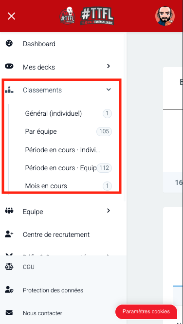 TTFL - Classements dans le menu