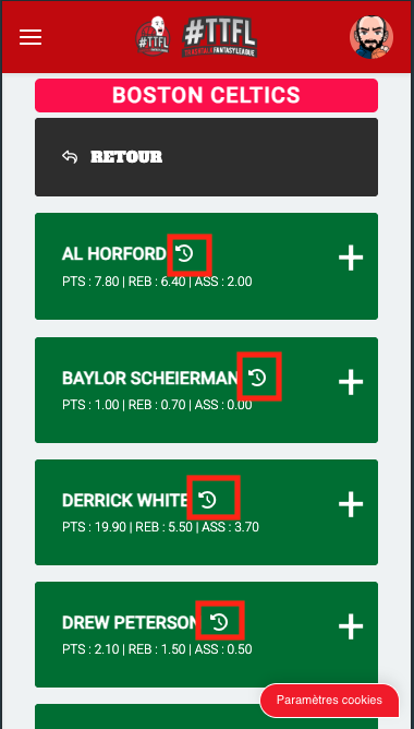 TTFL - Deck - historique du joueur NBA