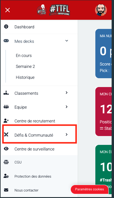 TTFL - entrée menu Défis et Communauté