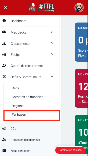 TTFL - entrée menu Fanbases