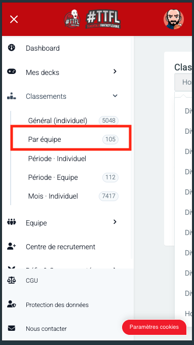 TTFL - entrée menu classement équipe