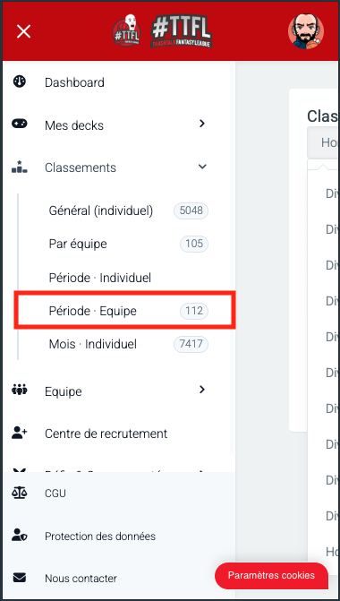 TTFL - entrée menu classement période équipe