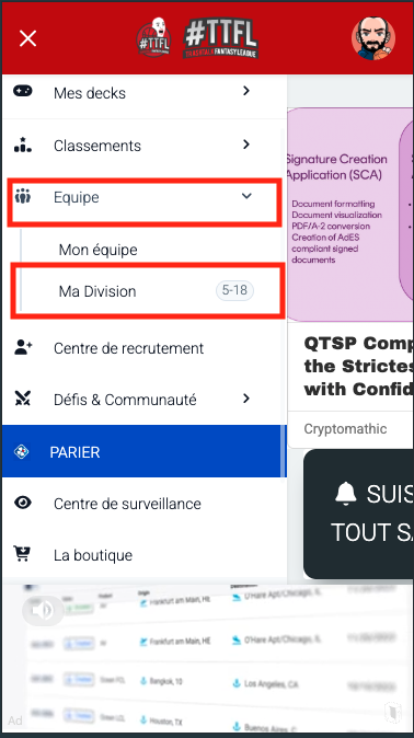 Divisions TTFL dans le menu TrashTalk Fantasy league
