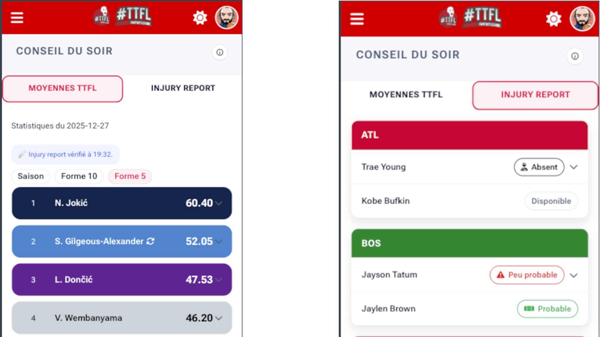 TTFL 2026-27 : Conseil du soir et injury report, toutes les infos pour préparer ton pick